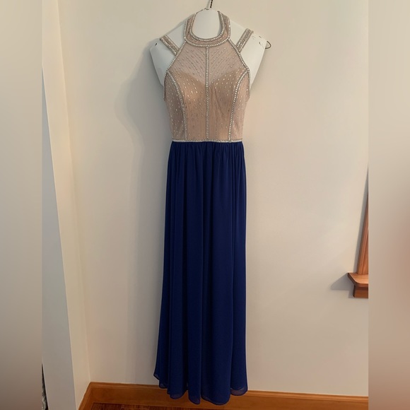 TLC Say Yes To The Prom navy blue skirt with beige sequin top dress. Size 3. - Picture 6 of 13
